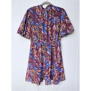 THML Women Burgundy Abstract Leaf Print Tie Neck Puff Sleeve Mini Dress L - NWT